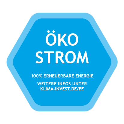 Blaues KlimaInvest Ökostrom Zertifikat, Strom zu 100% aus europäischen Wasser-, Windkraft- und Solarenergieanlagen