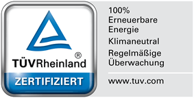 tuev rheinland zertifikat mit Hinweis:"100% Erneuerbare Energie. Klimaneutral. Regelmäßige Überwachung. www.tuv.com"