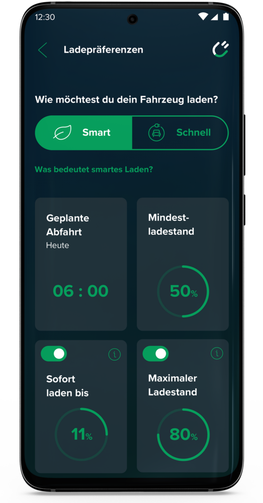 Ladepräferenzen zum Smarten Laden von Elektroautos in der Rabot Charge app für Elektroauto Stromtarife