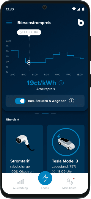 Screenshot der Rabot Charge App zeigt den aktuellen Börsenstrompreis