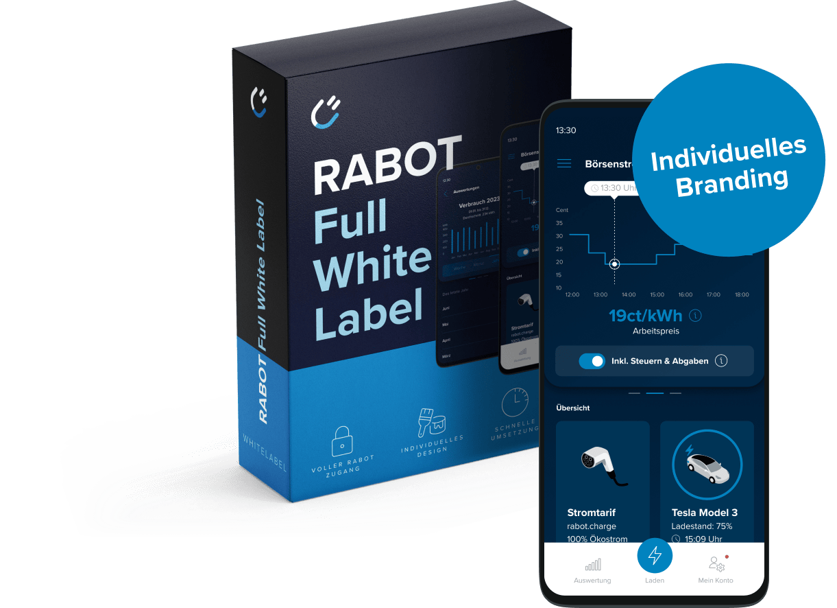 Rabot Charge White Lable Paket für B2B und die dazugehörige App für Stromverbrauch