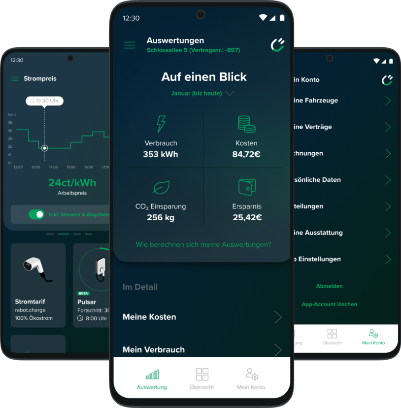Drei Auszüge aus der Rabot Charge App für Ökostrom und smartes laden von Elektroautos