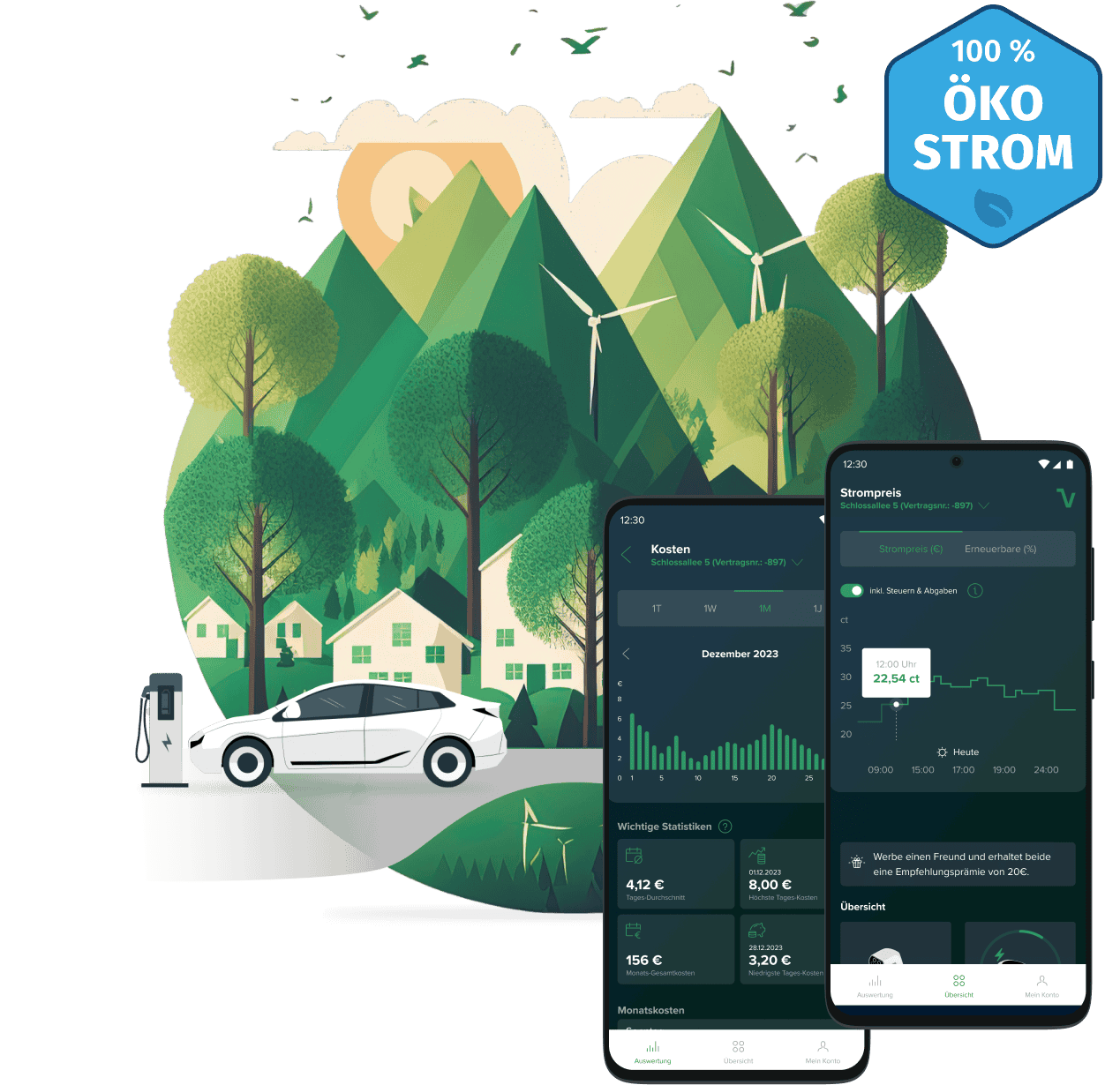 Illustration eines Elektroautos, das an einer Ladestation in einer grünen Umgebung mit Windrädern lädt. Im Vordergrund sind zwei Smartphones zu sehen, die eine Elektroauto-Lade-App mit aktuellen Börsenstrompreisen und Ladeplänen anzeigen. Ein Ökostrom-Siegel ist oben rechts platziert.