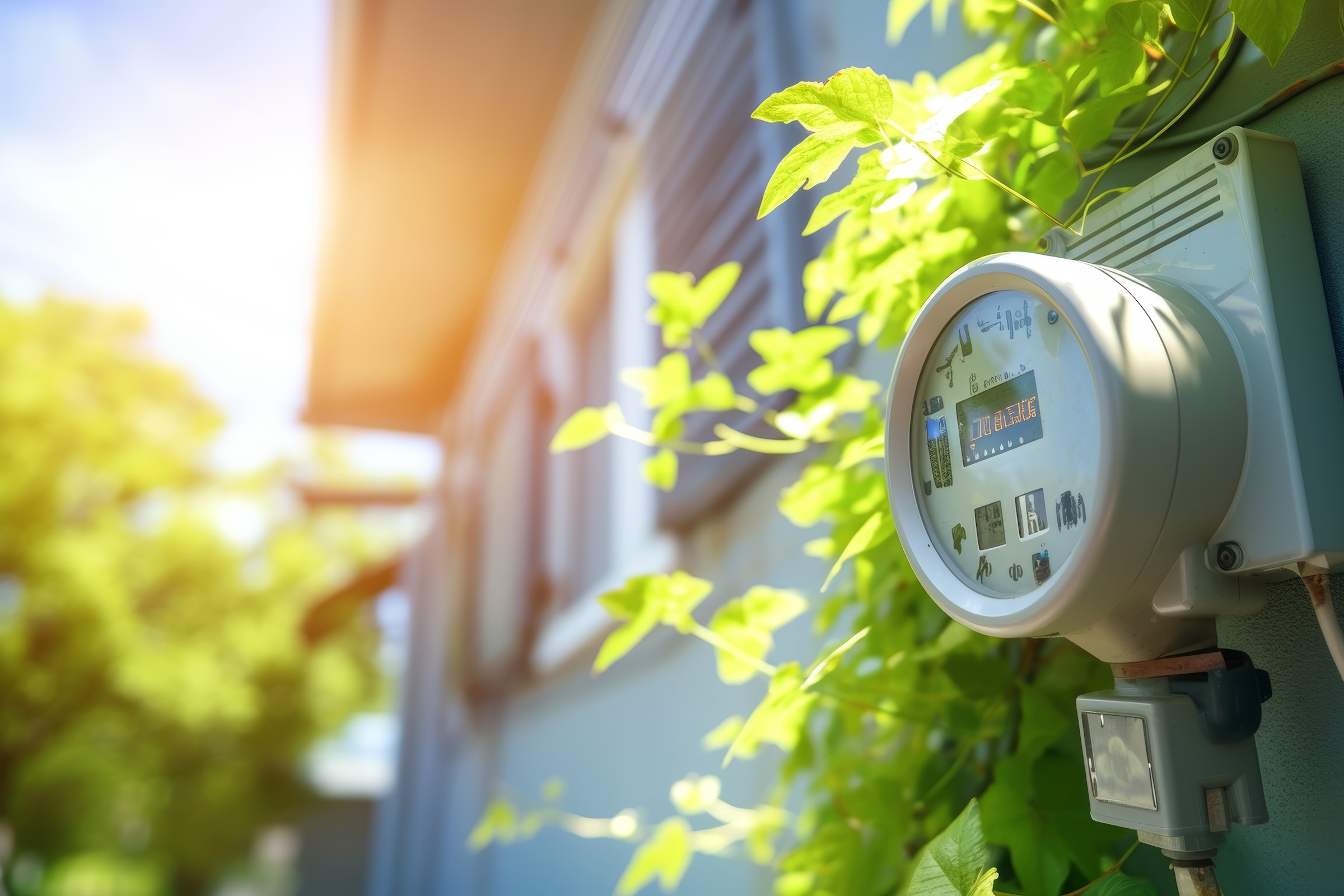 A close-up view of a high-efficiency electric meter installed amidst lush greenery, symbolizing sustainable energy solutions. sunlight filters through the leaves, the device's advanced features