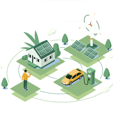 Illustration eines Ökosystems mit einem Haus, das Solarpaneele auf dem Dach hat, ein Mann, der ein Handy hält, ein Elektroauto, das an eine Ladestation angeschlossen ist, und ein Windrad im Hintergrund.